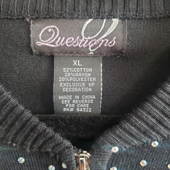 Questions Rhinestone Embellished Black Zip Up Cardigan Holiday Party~ Size XL - Picture 5 of 6